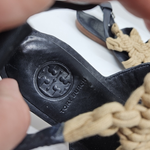 Tory Burch black leather and tan macrame Fleur flat sandals 8.5M - Picture 9 of 9